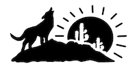 The background is transparent with a white outlined of black silhouette of the logo. In the background, the sun is seen at the horizon with rays. In front of the sun, is a large rock the has two cacti on the right and a coyote on the left howling towards the sky.