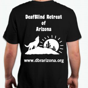 The background is Solid Black with a white silhouette of the logo. In the background, the sun is seen at the horizon with rays. In front of the sun, is a large rock the has two cacti on the right and a coyote on the left howling towards the sky. DeafBlind of Retreat is spelled out at the top of the logo. www.dbrarizona.org is spelled out at the bottom of the logo.