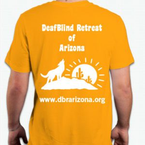The background is Solid Gold with a white silhouette of the logo. In the background, the sun is seen at the horizon with rays. In front of the sun, is a large rock the has two cacti on the right and a coyote on the left howling towards the sky. DeafBlind of Retreat is spelled out at the top of the logo. www.dbrarizona.org is spelled out at the bottom of the logo.