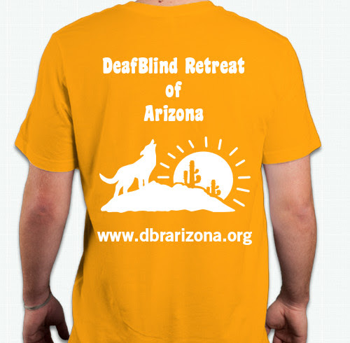 The background is Solid Gold with a white silhouette of the logo. In the background, the sun is seen at the horizon with rays. In front of the sun, is a large rock the has two cacti on the right and a coyote on the left howling towards the sky. DeafBlind of Retreat is spelled out at the top of the logo. www.dbrarizona.org is spelled out at the bottom of the logo.