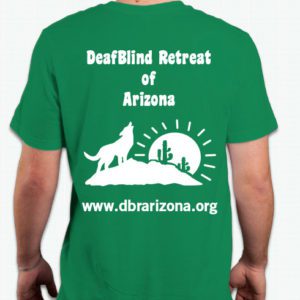 The background is Solid Green Leaf with a white silhouette of the logo. In the background, the sun is seen at the horizon with rays. In front of the sun, is a large rock the has two cacti on the right and a coyote on the left howling towards the sky. DeafBlind of Retreat is spelled out at the top of the logo. www.dbrarizona.org is spelled out at the bottom of the logo.