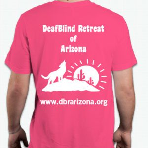 The background is Solid Pink Berry with a white silhouette of the logo. In the background, the sun is seen at the horizon with rays. In front of the sun, is a large rock the has two cacti on the right and a coyote on the left howling towards the sky. DeafBlind of Retreat is spelled out at the top of the logo. www.dbrarizona.org is spelled out at the bottom of the logo.