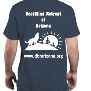 The background is Solid Navy with a white silhouette of the logo. In the background, the sun is seen at the horizon with rays. In front of the sun, is a large rock the has two cacti on the right and a coyote on the left howling towards the sky. DeafBlind of Retreat is spelled out at the top of the logo. www.dbrarizona.org is spelled out at the bottom of the logo.
